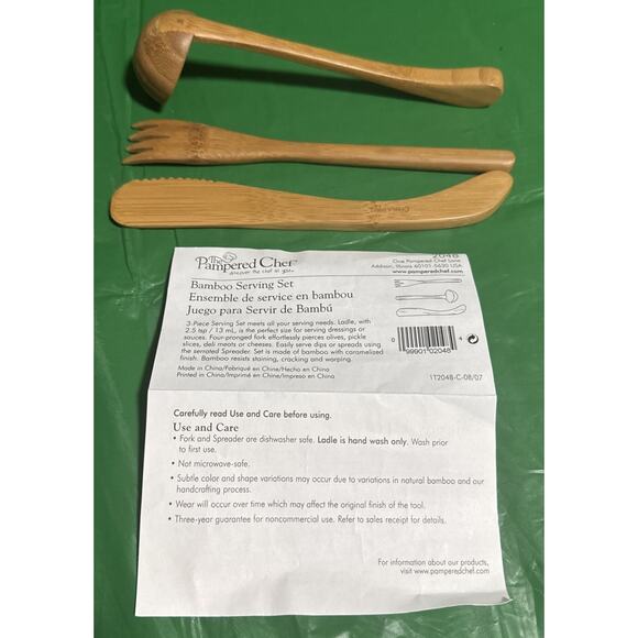 Pampered Chef BAMBOO Serving Set of 3 Small Ladle, Fork & Spreader #2048 - Picture 2 of 2